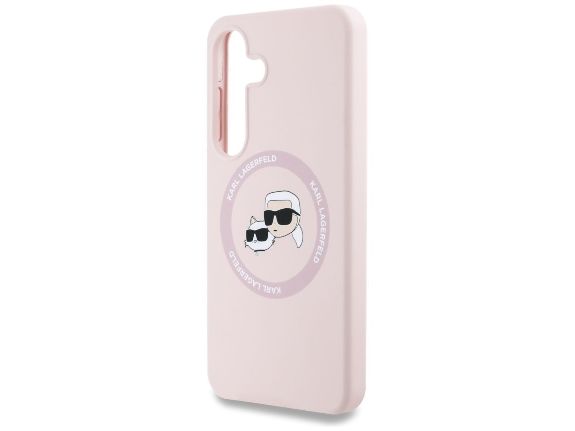 Capa para Samsung Galaxy S25 Plus rosa com estampa de Karl Lagerfeld em silicone, com duas cabeças e