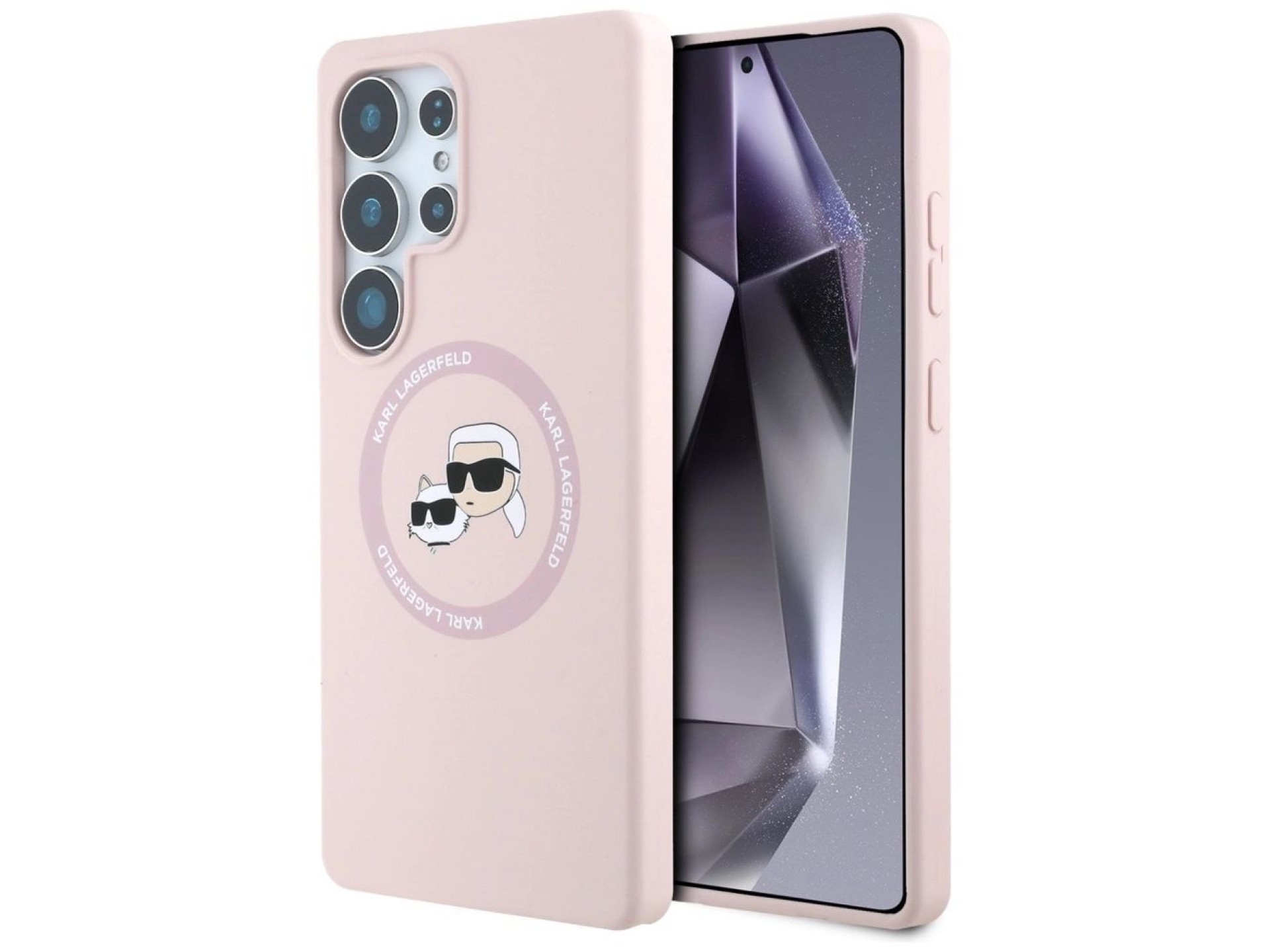 Capa para Samsung Galaxy S25 Ultra rosa com estampa de Karl Lagerfeld em silicone, com duas cabeças