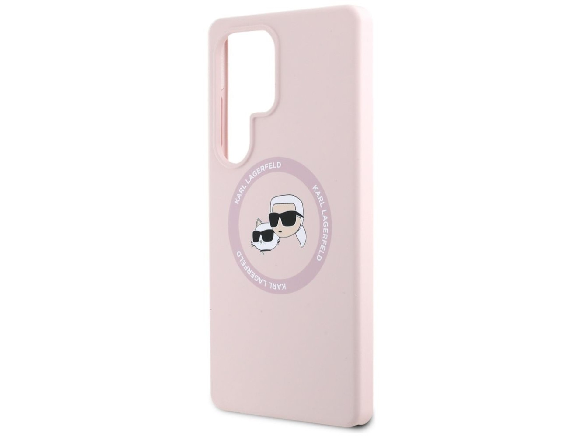 Capa para Samsung Galaxy S25 Ultra rosa com estampa de Karl Lagerfeld em silicone, com duas cabeças