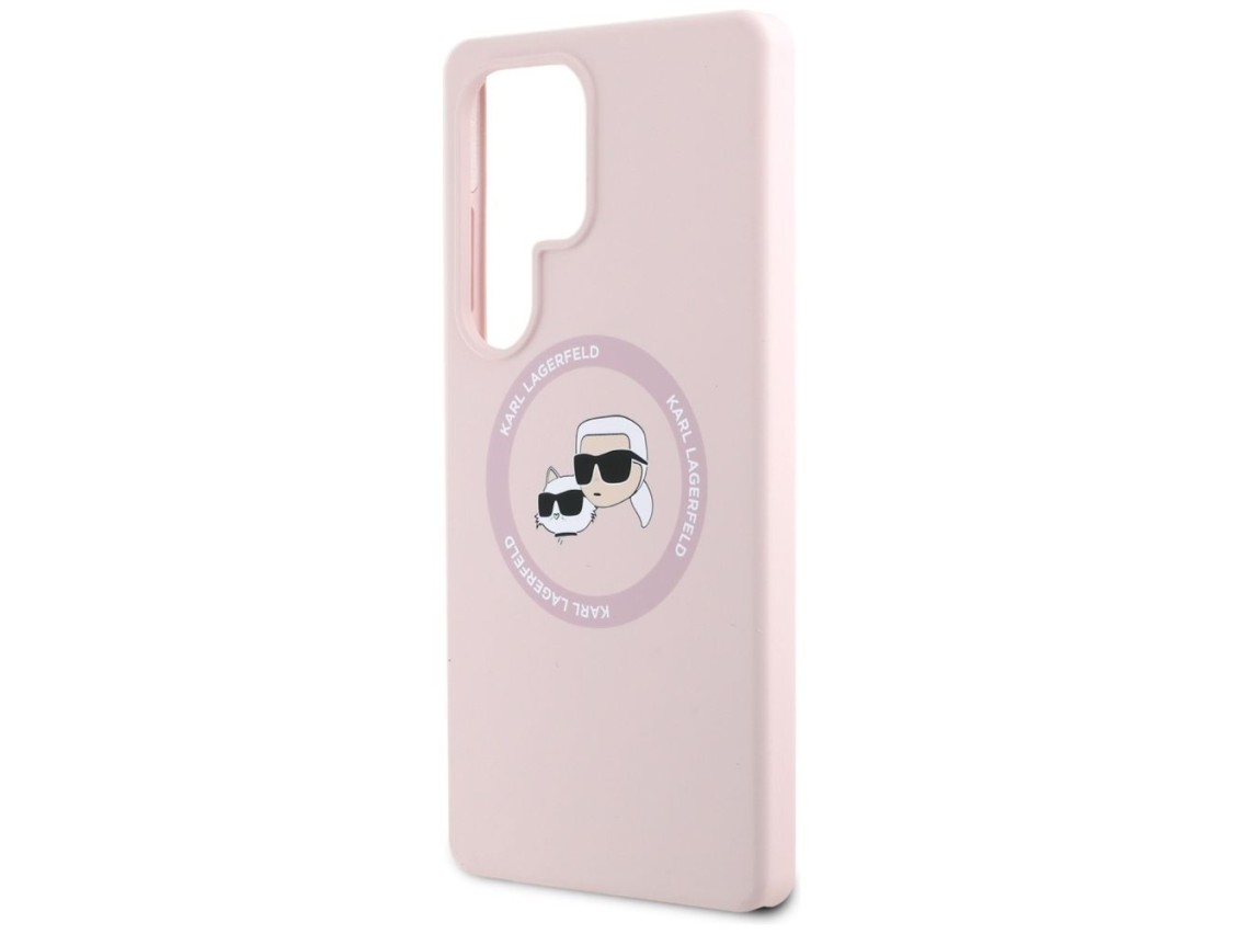 Capa para Samsung Galaxy S25 Ultra rosa com estampa de Karl Lagerfeld em silicone, com duas cabeças