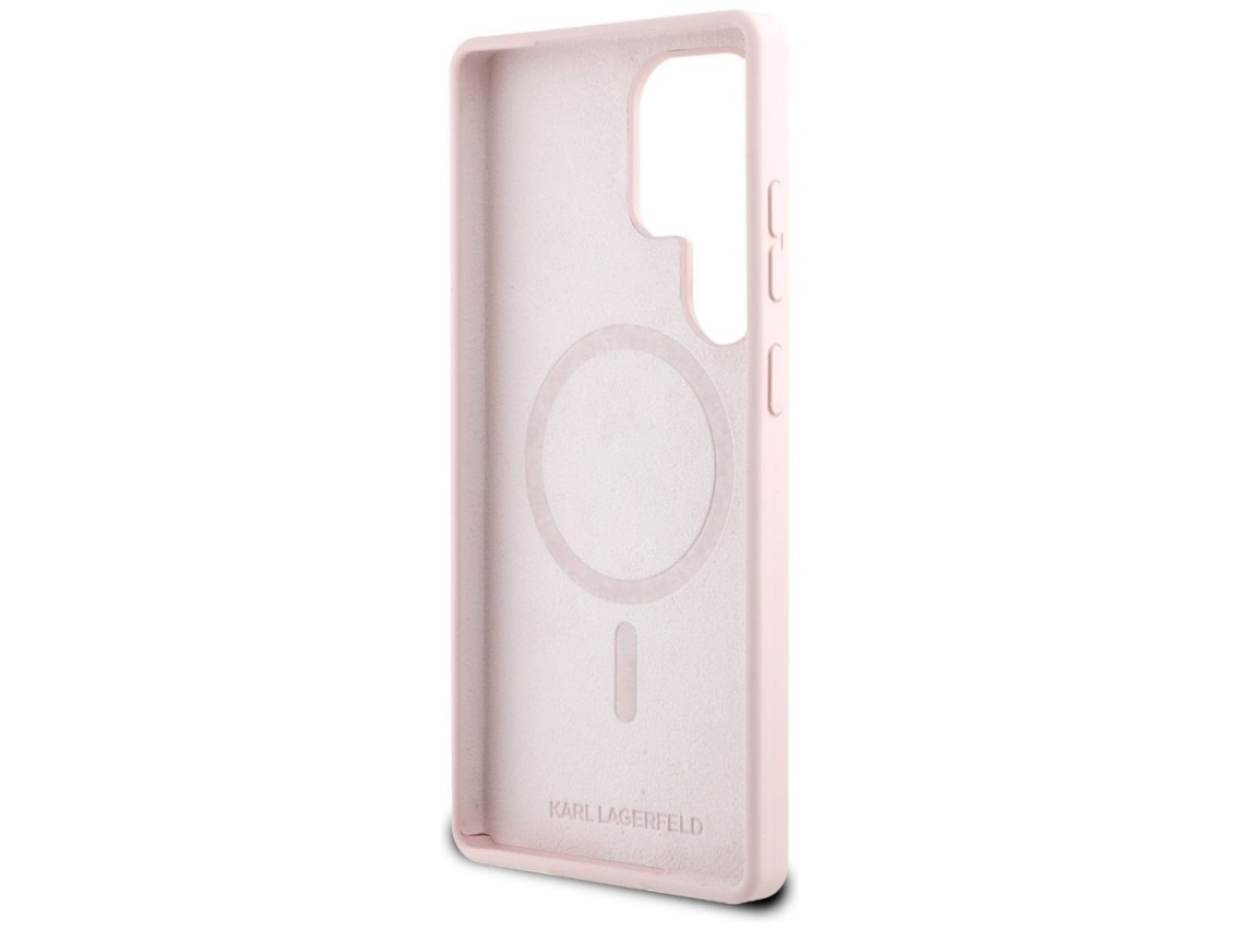 Capa para Samsung Galaxy S25 Ultra rosa com estampa de Karl Lagerfeld em silicone, com duas cabeças