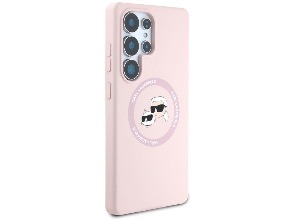 Capa para Samsung Galaxy S25 Ultra rosa com estampa de Karl Lagerfeld em silicone, com duas cabeças