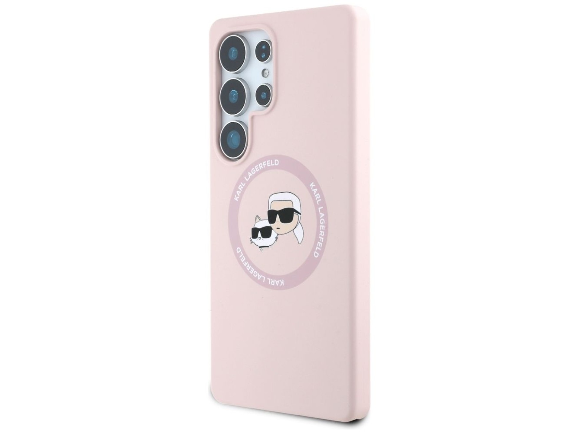 Capa para Samsung Galaxy S25 Ultra rosa com estampa de Karl Lagerfeld em silicone, com duas cabeças