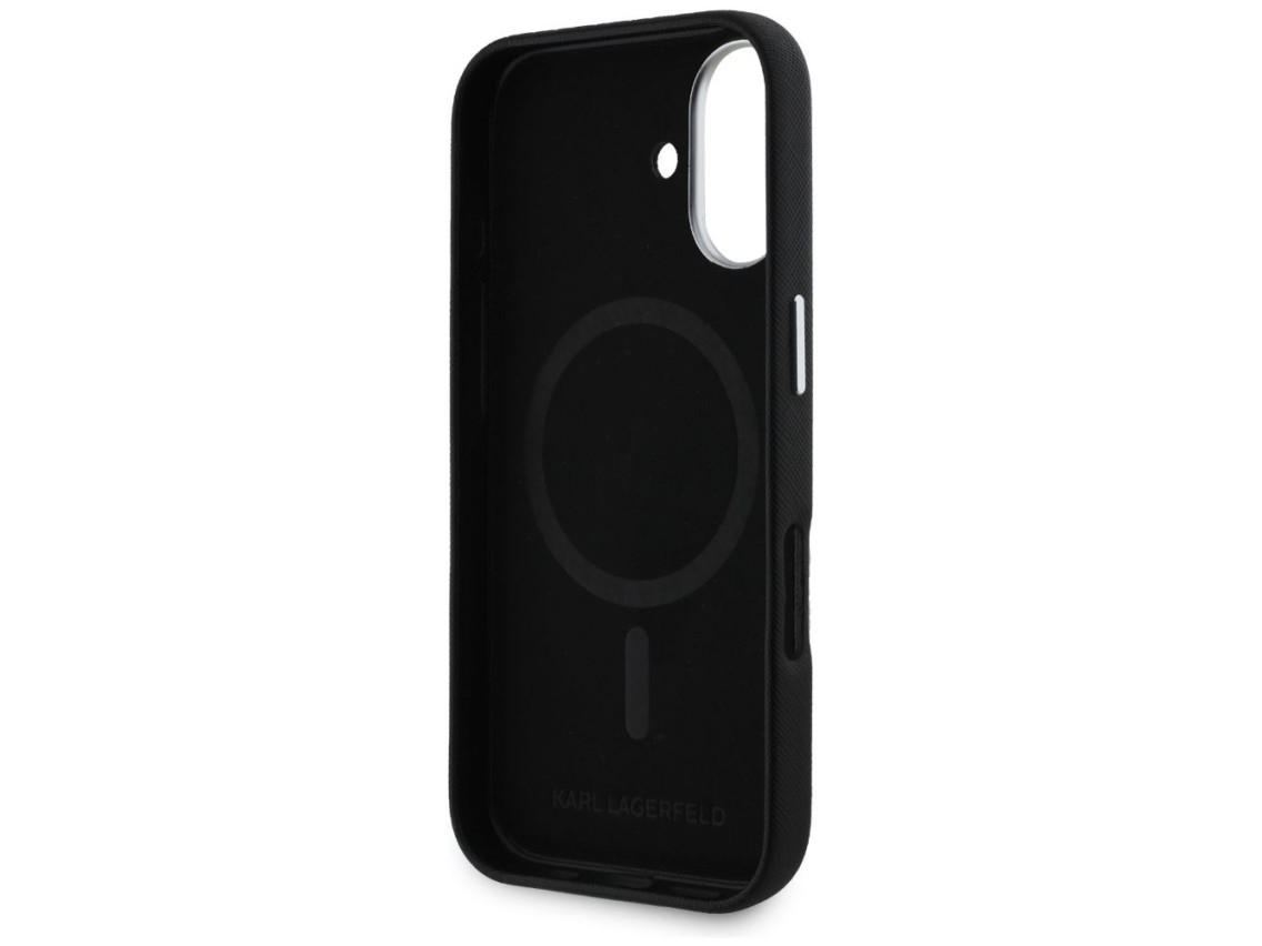 Funda Karl Lagerfeld Saffiano con logotipo metálico alargado y envoltura completa para iPhone 16 - N