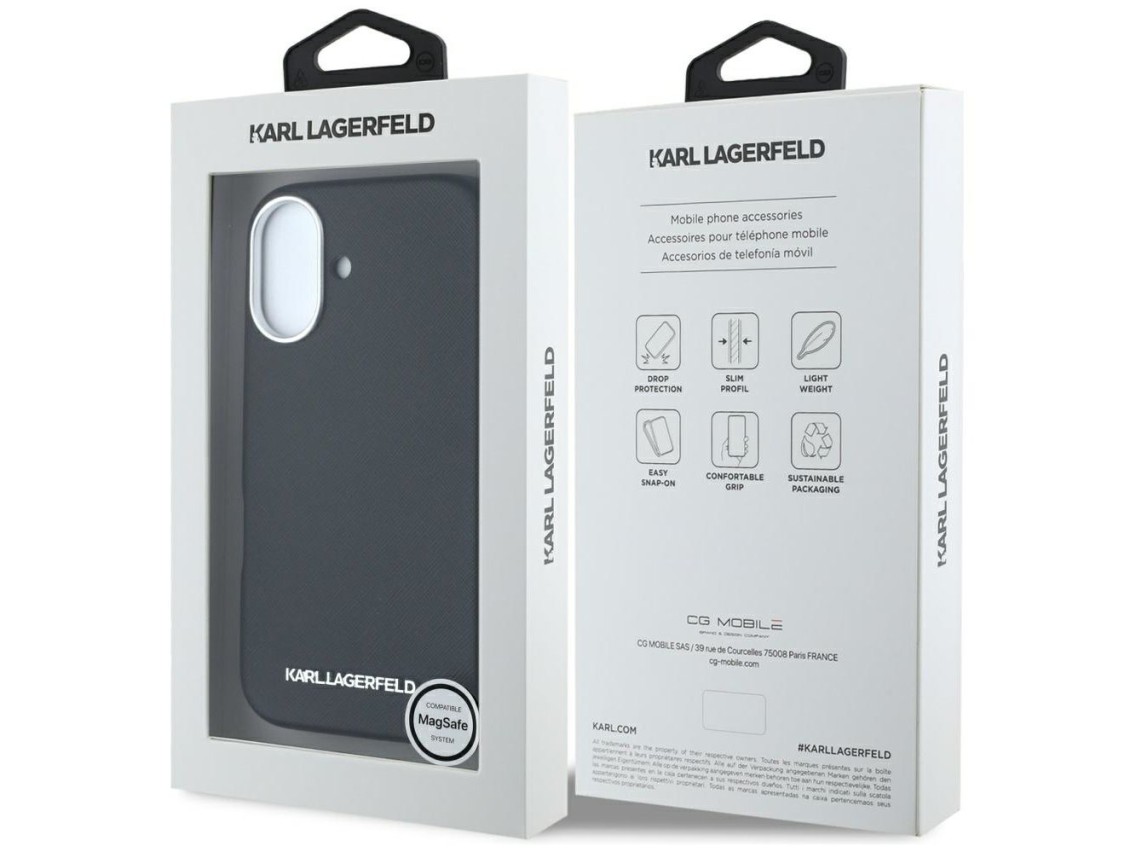 Funda Karl Lagerfeld Saffiano con logotipo metálico alargado y envoltura completa para iPhone 16 - N