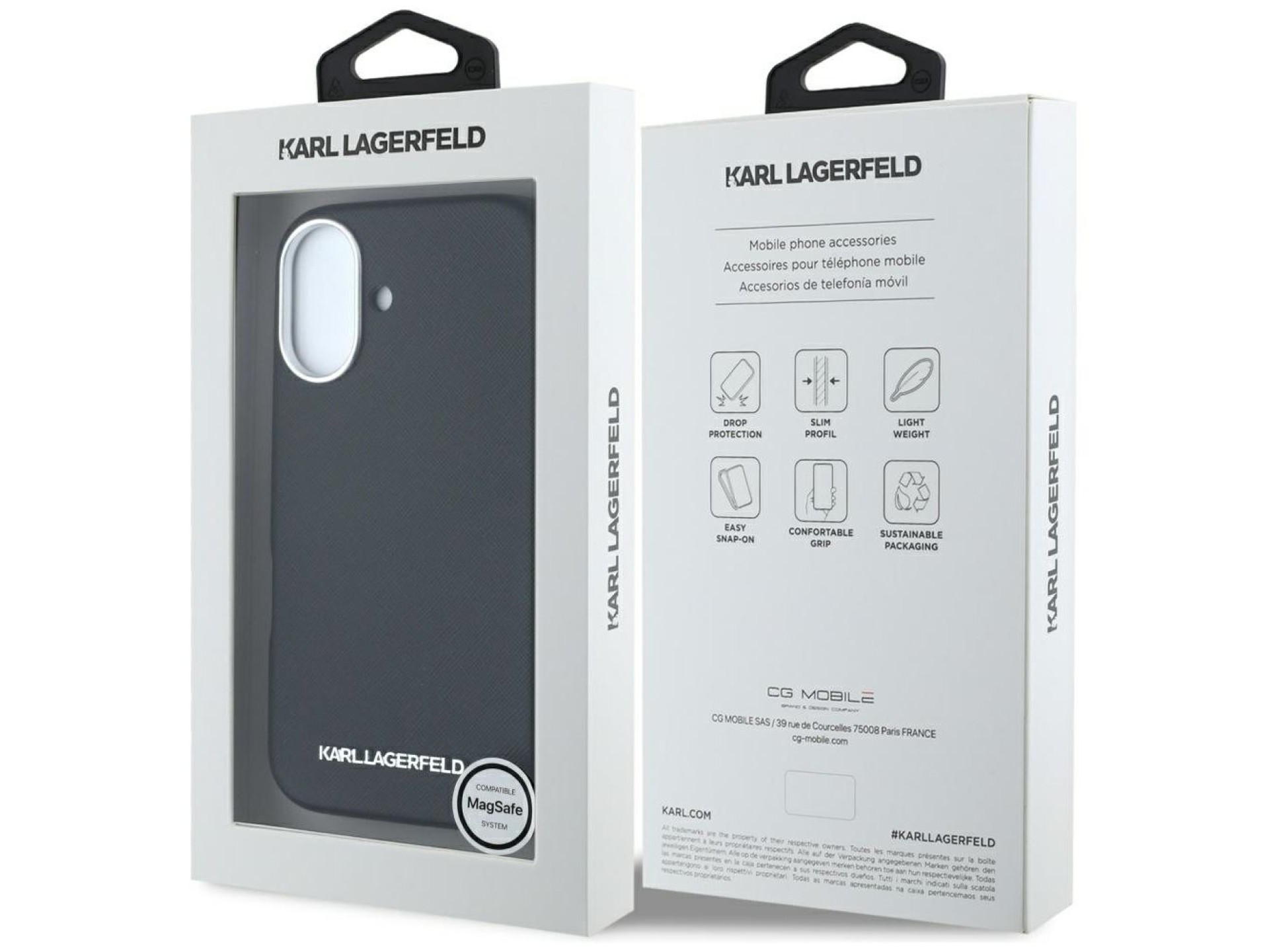 Funda Karl Lagerfeld Saffiano con logotipo metálico alargado y envoltura completa para iPhone 16 - N