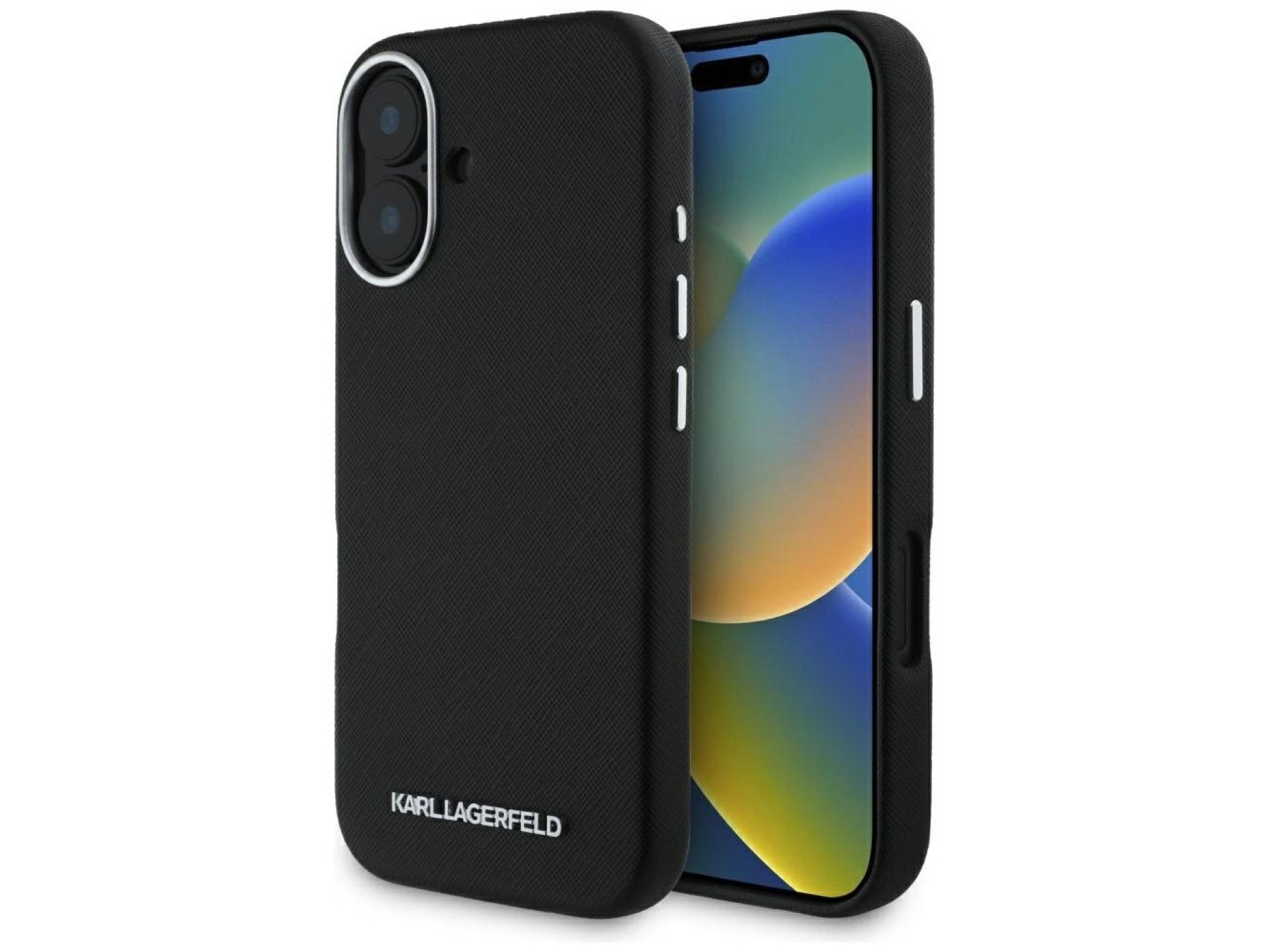Funda Karl Lagerfeld Saffiano con logotipo metálico alargado y envoltura completa para iPhone 16 - N