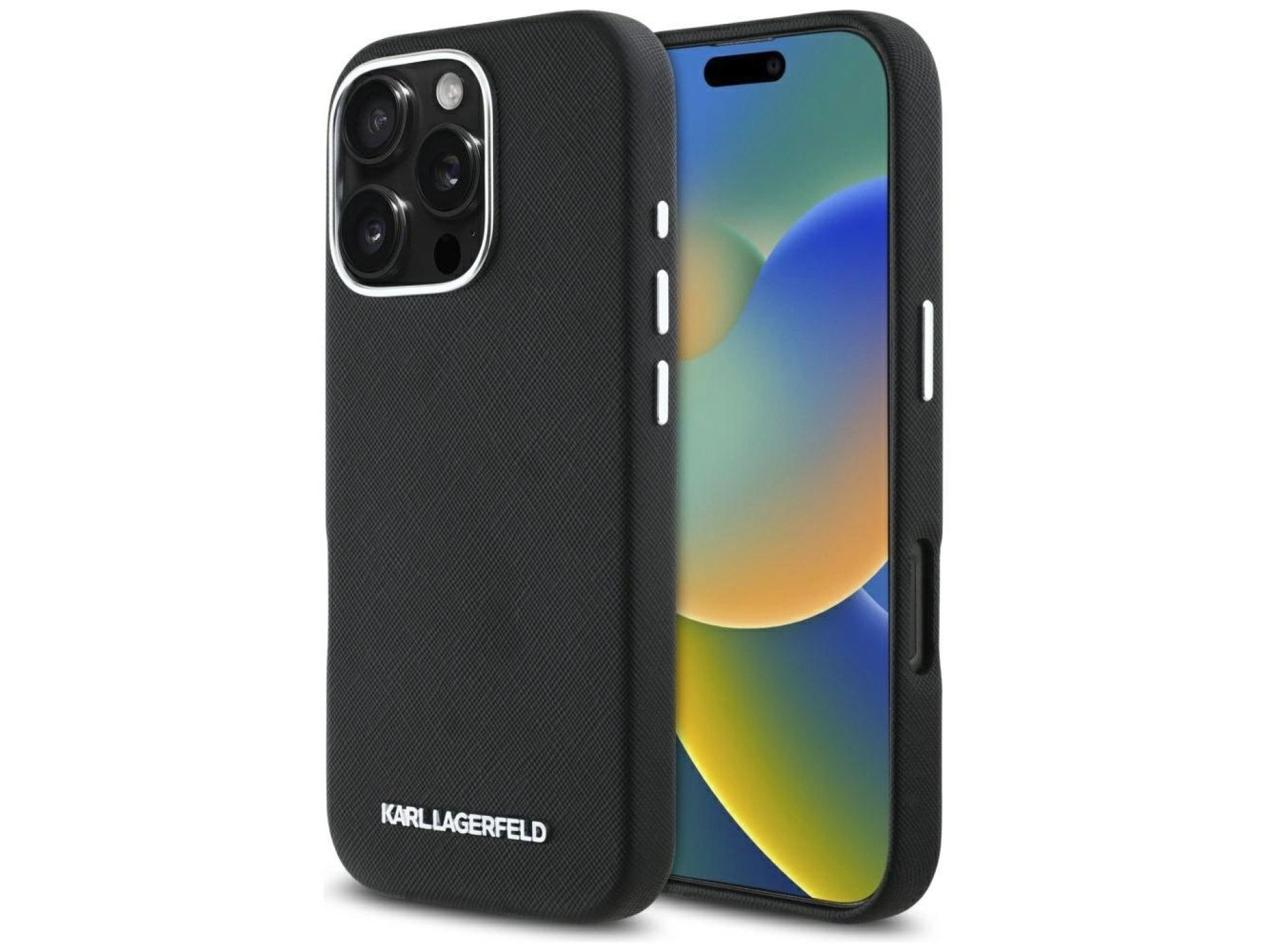Capa Karl Lagerfeld Saffiano com Logo Metálico Alongado e Envolvente para iPhone 16 Pro com MagSafe
