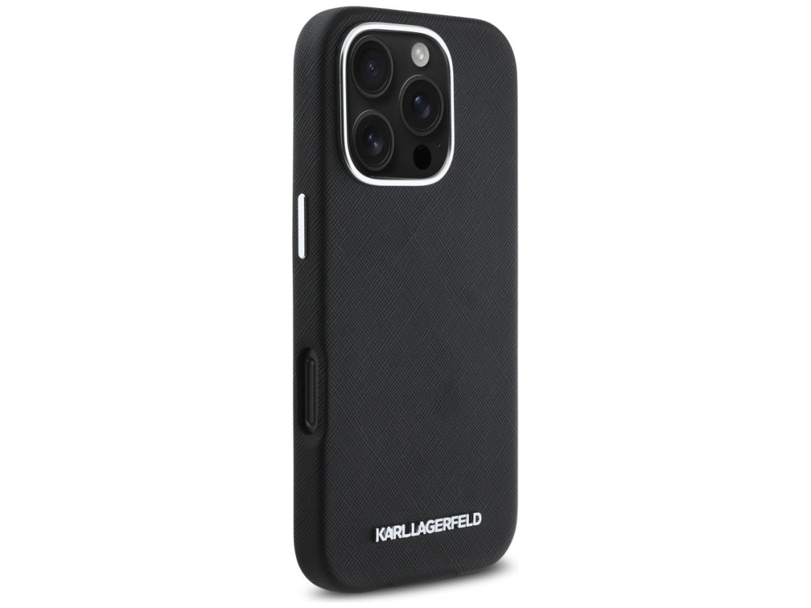 Capa MagSafe Karl Lagerfeld Saffiano com Logo Metálico Alongado para iPhone 16 Pro Max - Preta