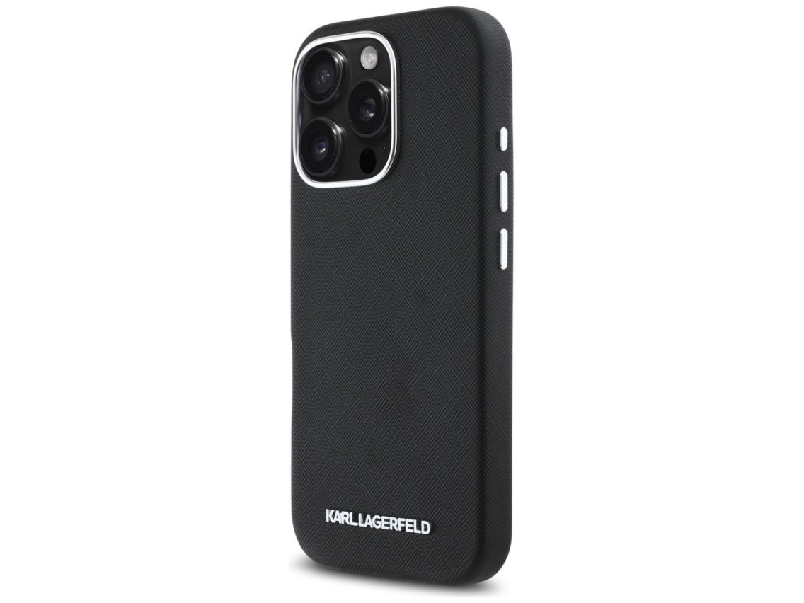 Capa MagSafe Karl Lagerfeld Saffiano com Logo Metálico Alongado para iPhone 16 Pro Max - Preta