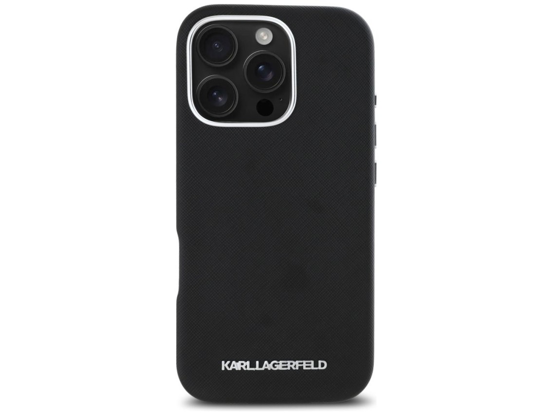 Capa MagSafe Karl Lagerfeld Saffiano com Logo Metálico Alongado para iPhone 16 Pro Max - Preta