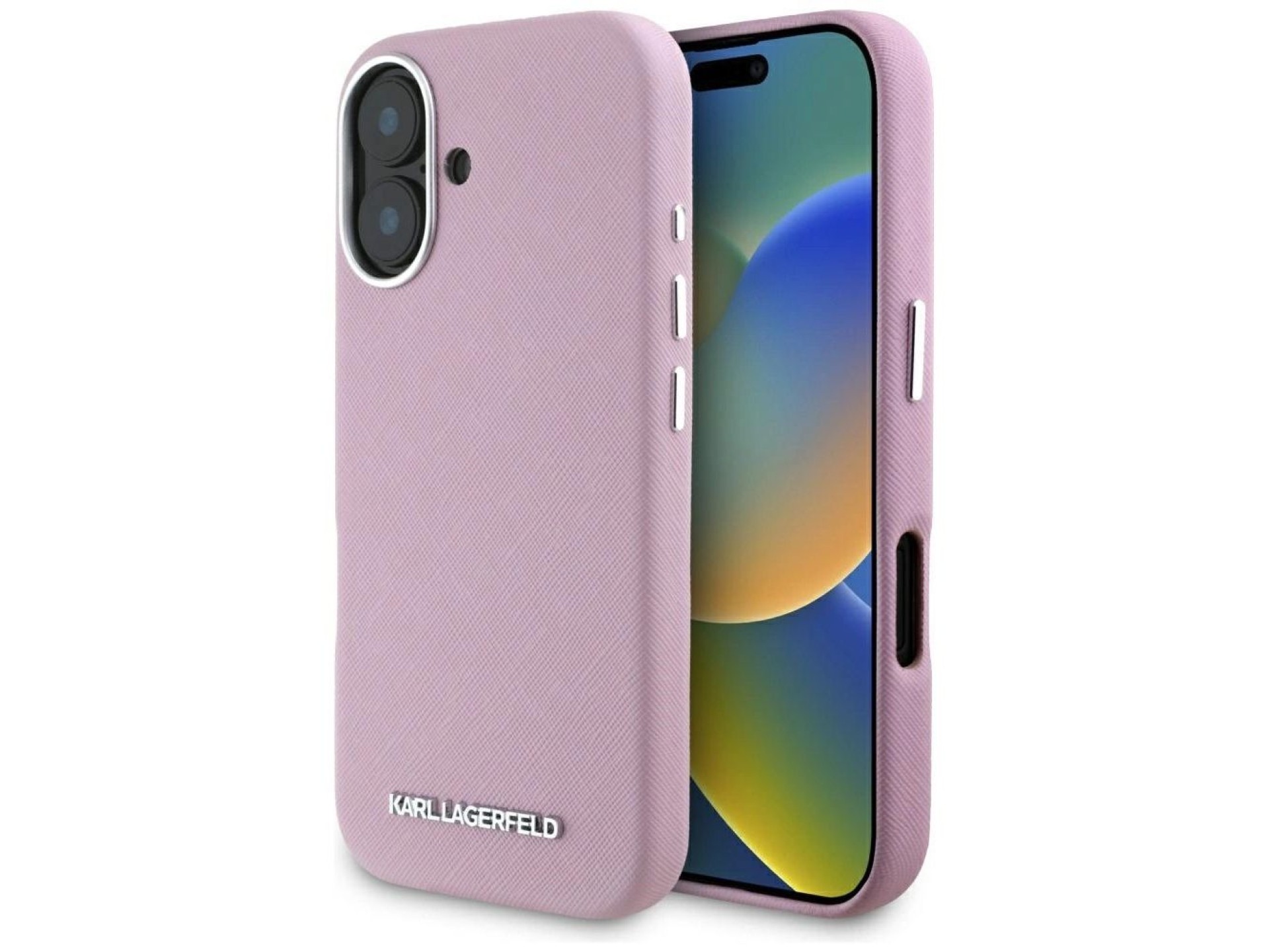Capa para iPhone 16 Karl Lagerfeld Saffiano com Logo Metálico Alongado e Envolvente - Rosa