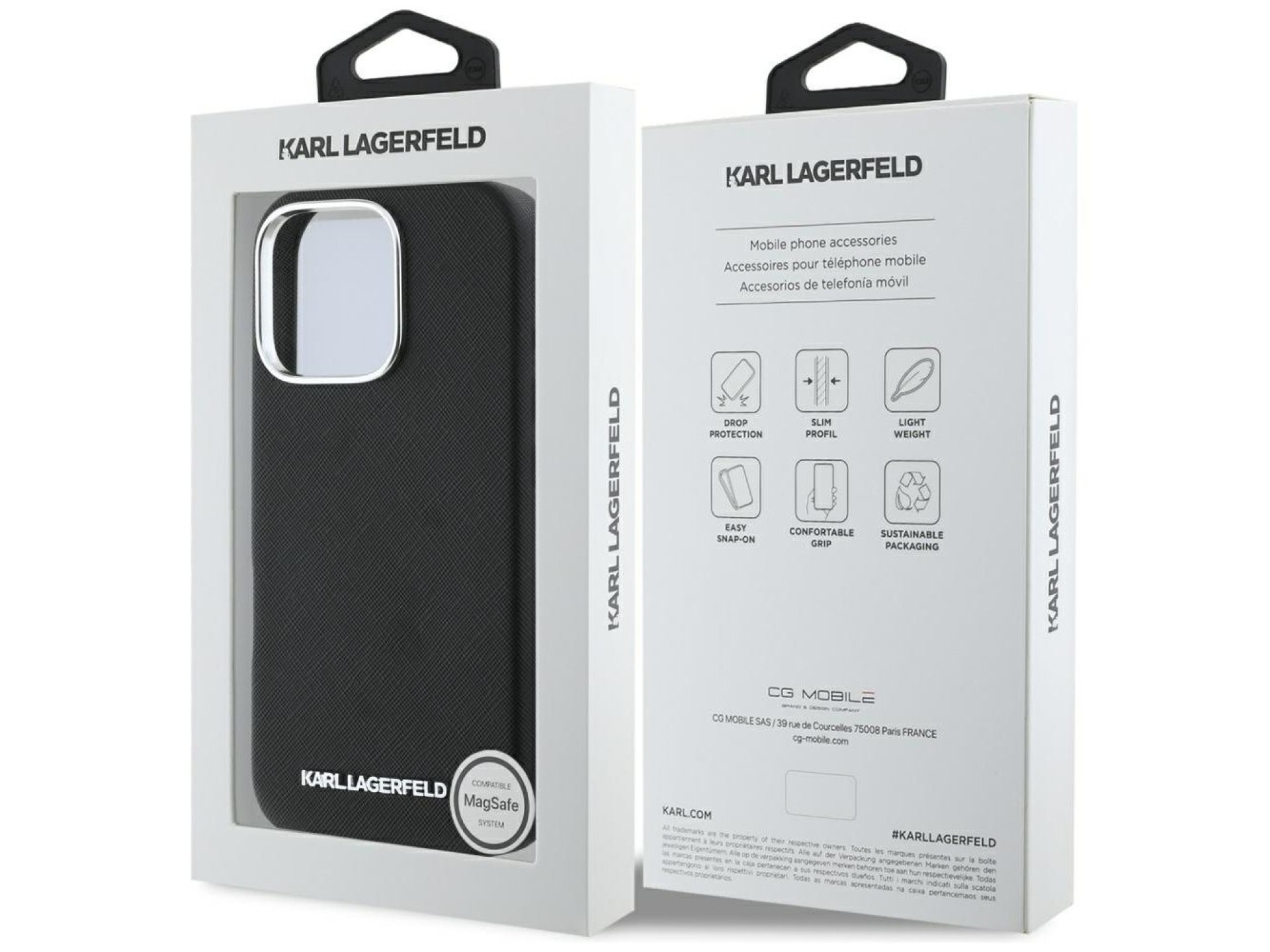 Capa MagSafe Karl Lagerfeld Saffiano com Logo Metálico Alongado para iPhone 16 Pro Max - Preta