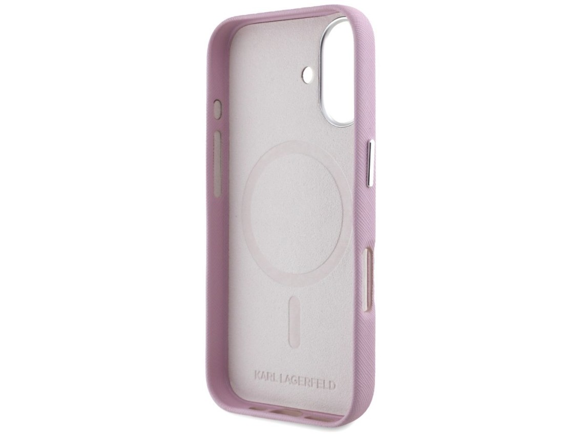 Capa para iPhone 16 Karl Lagerfeld Saffiano com Logo Metálico Alongado e Envolvente - Rosa