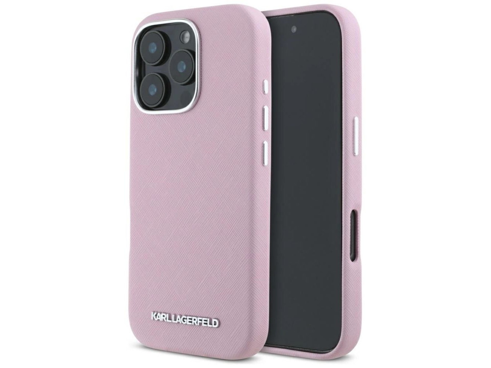 Karl Lagerfeld Saffiano Full Wrapped Elongated Metal Logo MagSafe iPhone 16 Pro Case - Pink