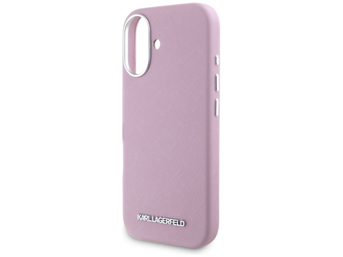 Capa para iPhone 16 Karl Lagerfeld Saffiano com Logo Metálico Alongado e Envolvente - Rosa