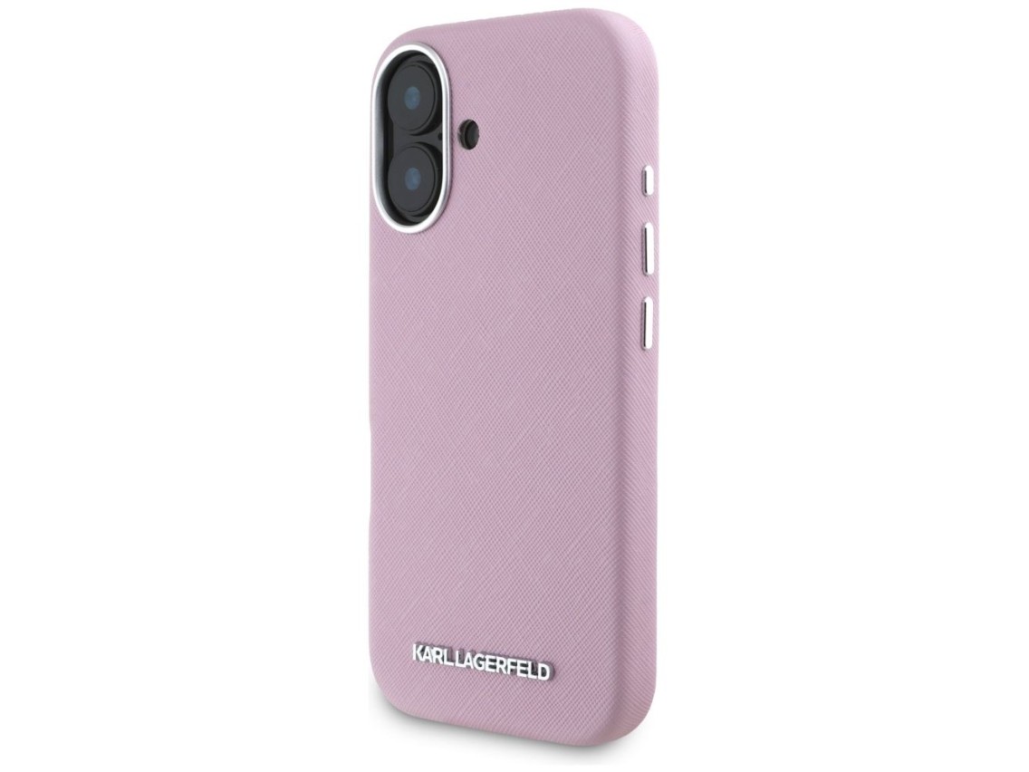Capa para iPhone 16 Karl Lagerfeld Saffiano com Logo Metálico Alongado e Envolvente - Rosa