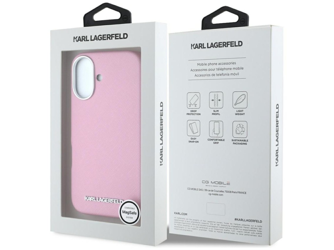 Capa para iPhone 16 Karl Lagerfeld Saffiano com Logo Metálico Alongado e Envolvente - Rosa