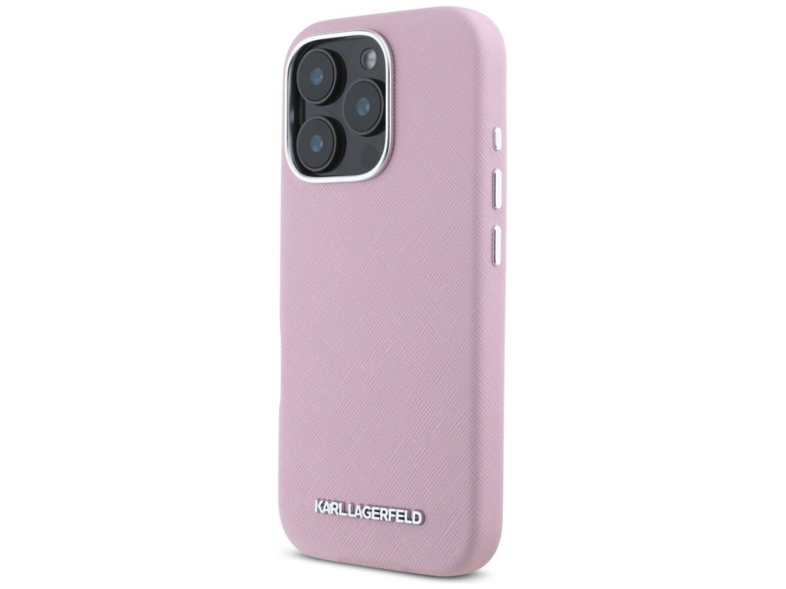 Karl Lagerfeld Saffiano Full Wrapped Elongated Metal Logo MagSafe iPhone 16 Pro Case - Pink