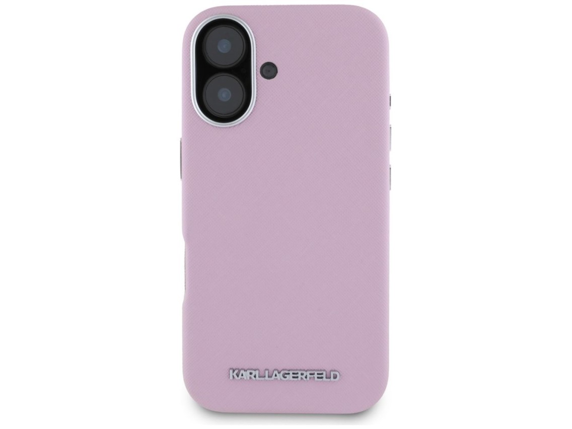 Capa para iPhone 16 Karl Lagerfeld Saffiano com Logo Metálico Alongado e Envolvente - Rosa