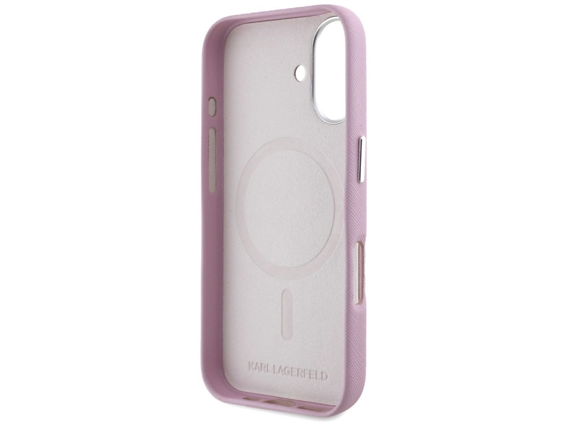 Capa para iPhone 16 Karl Lagerfeld Saffiano com Logo Metálico Alongado e Envolvente - Rosa