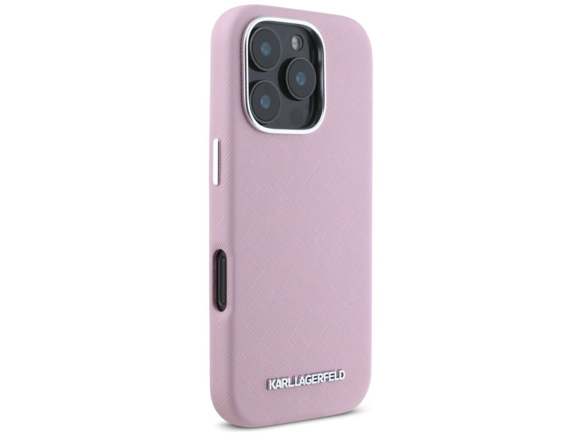 Karl Lagerfeld Saffiano Full Wrapped Elongated Metal Logo MagSafe iPhone 16 Pro Case - Pink