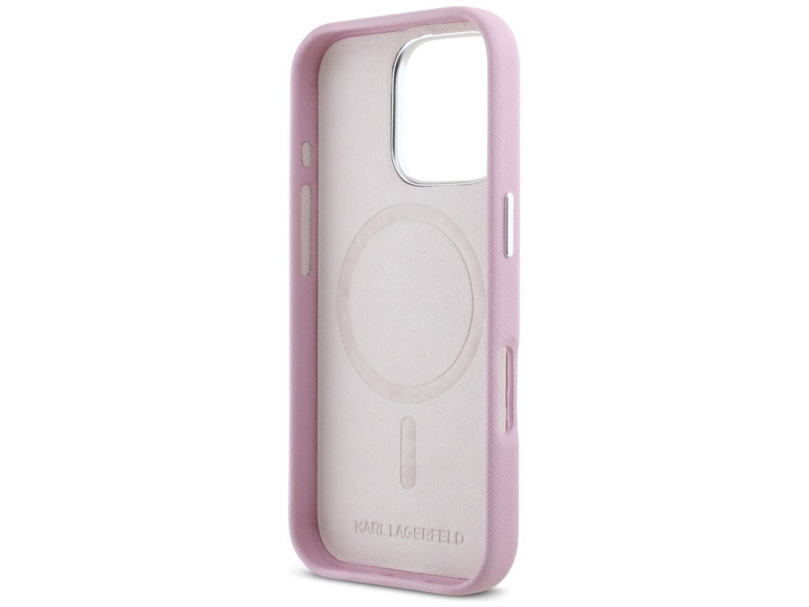 Karl Lagerfeld Saffiano Full Wrapped Elongated Metal Logo MagSafe iPhone 16 Pro Case - Pink
