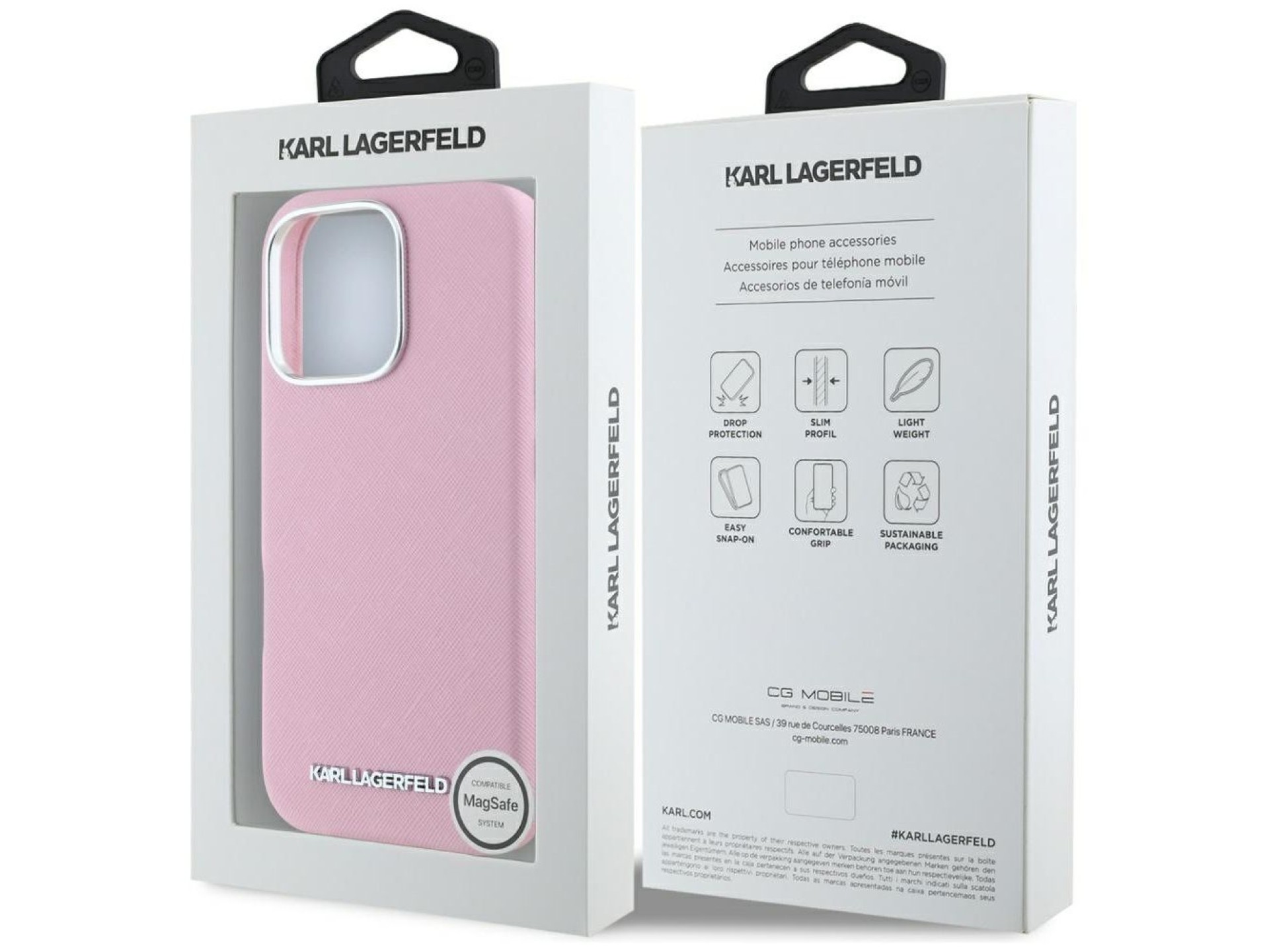 Karl Lagerfeld Saffiano Full Wrapped Elongated Metal Logo MagSafe iPhone 16 Pro Case - Pink