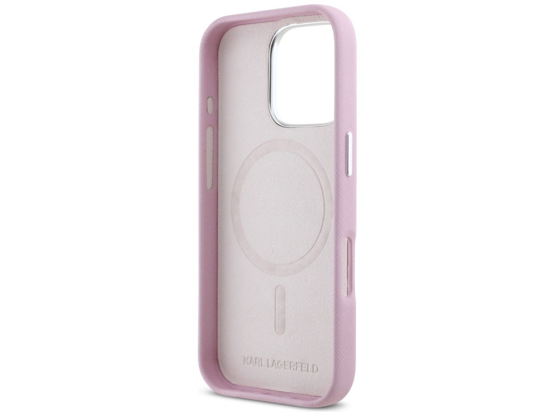 Karl Lagerfeld Saffiano Full Wrapped Elongated Metal Logo MagSafe iPhone 16 Pro Case - Pink