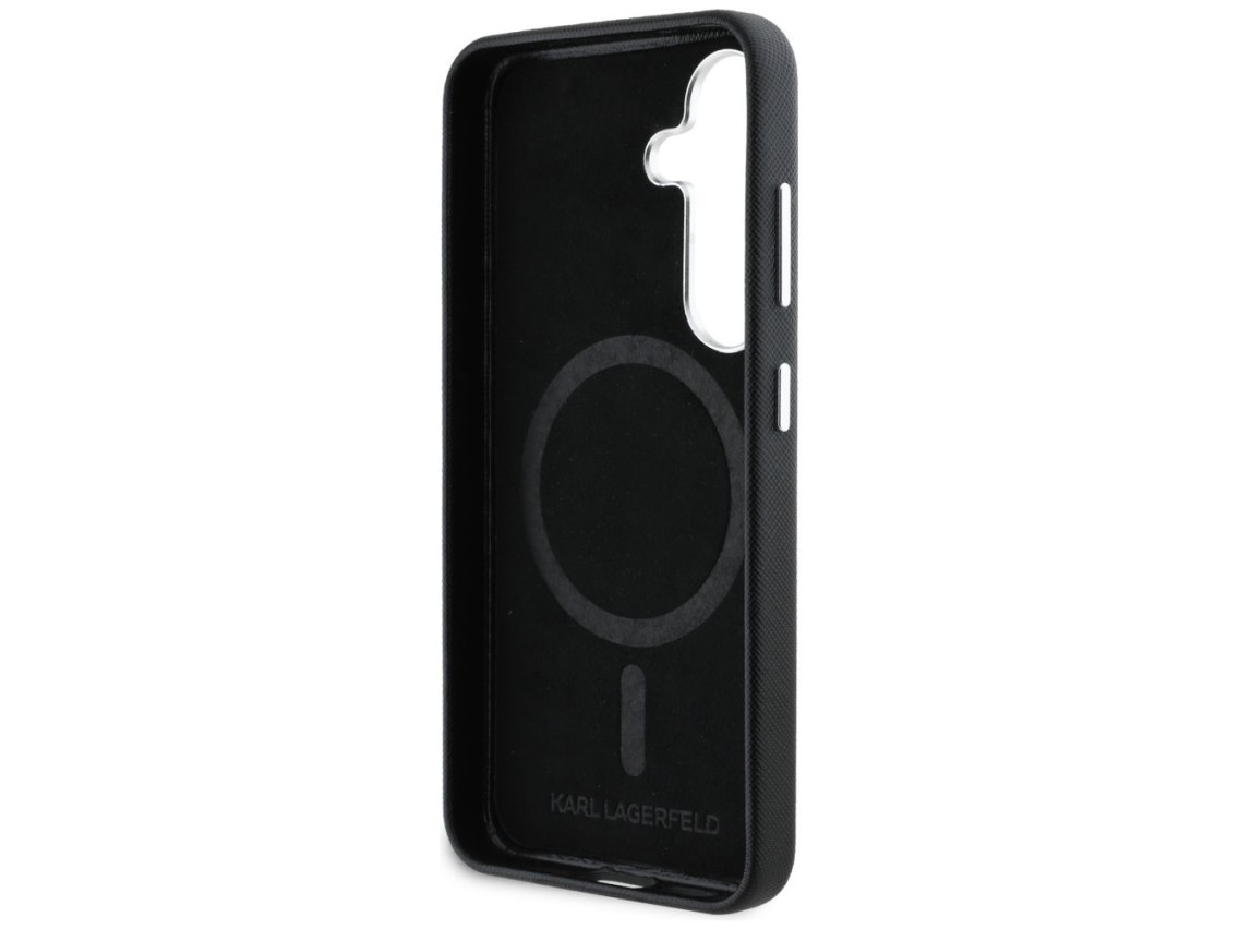 Capa MagSafe Karl Lagerfeld Saffiano com Logo Metálico Alongado para Samsung Galaxy S25+ - Preta