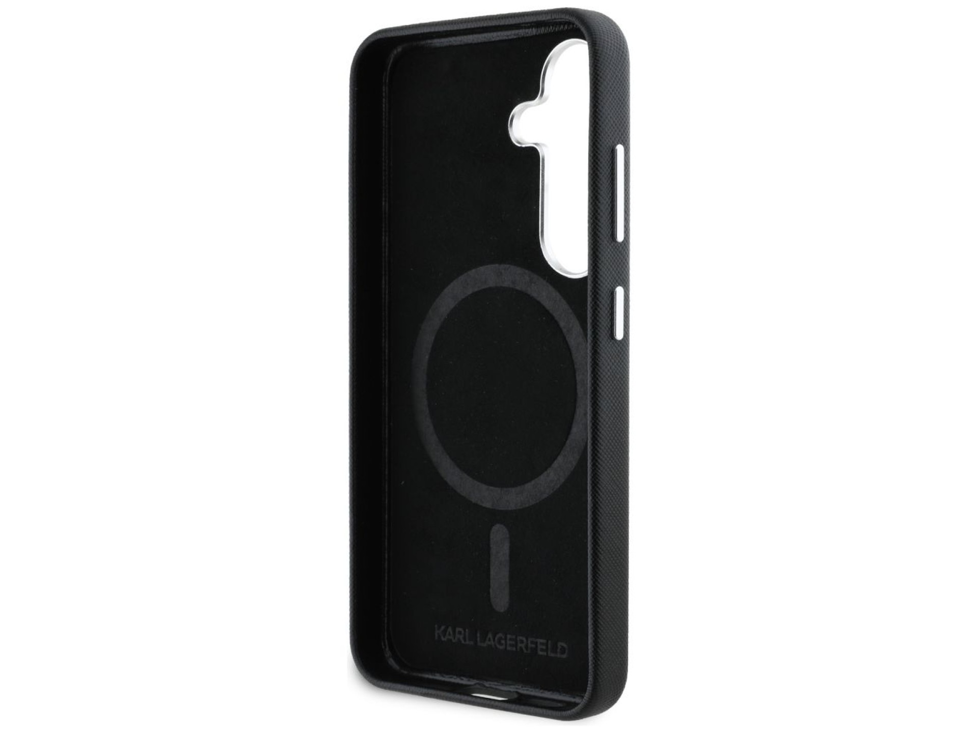 Capa MagSafe Karl Lagerfeld Saffiano com Logo Metálico Alongado para Samsung Galaxy S25+ - Preta