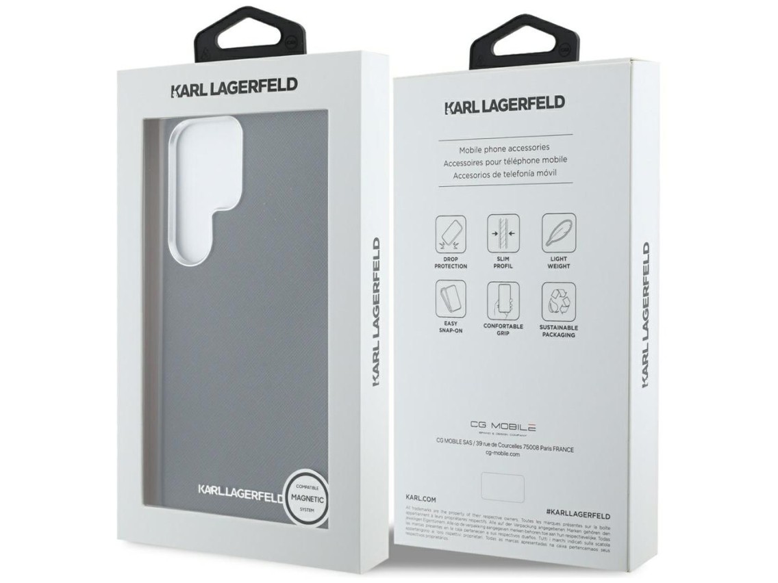 Capa MagSafe Karl Lagerfeld Saffiano com Logo Met�lico Alongado para Samsung Galaxy S25 Ultra - Pret