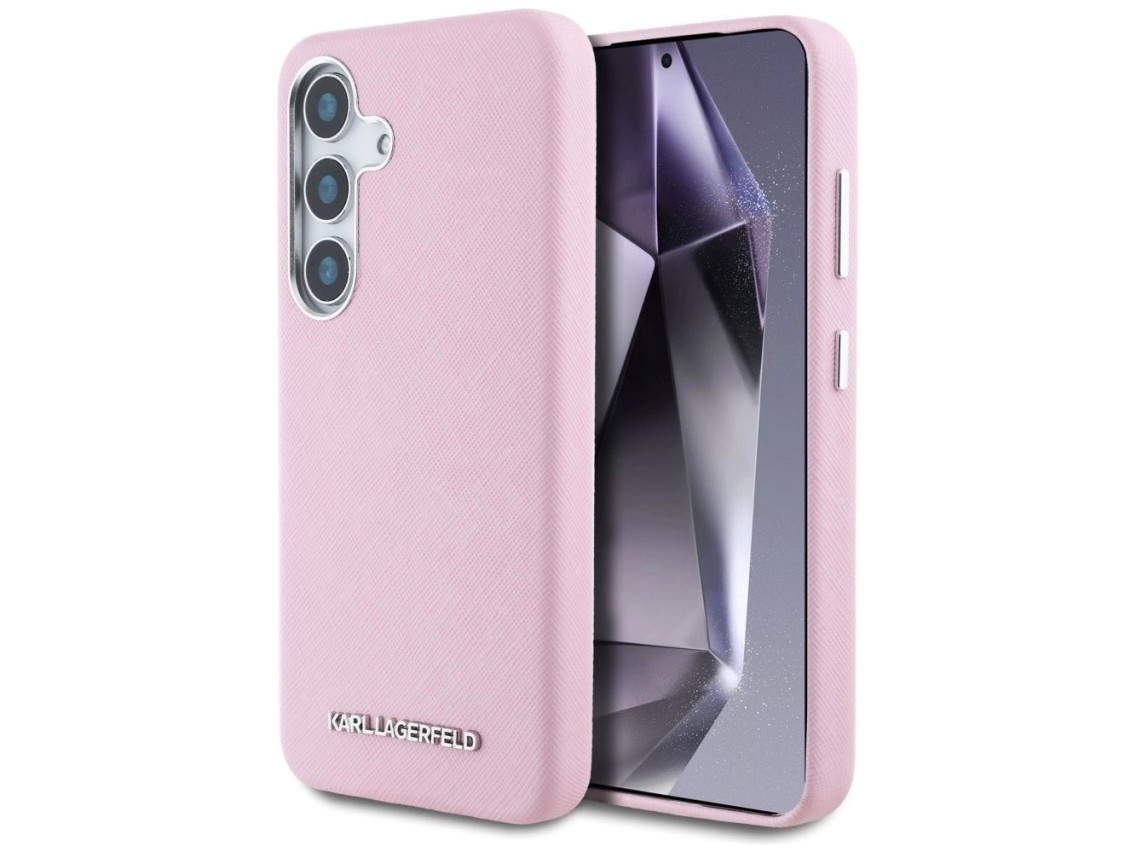 Capa MagSafe Karl Lagerfeld Saffiano com Logo Metálico Alongado para Samsung Galaxy S25+ - Rosa