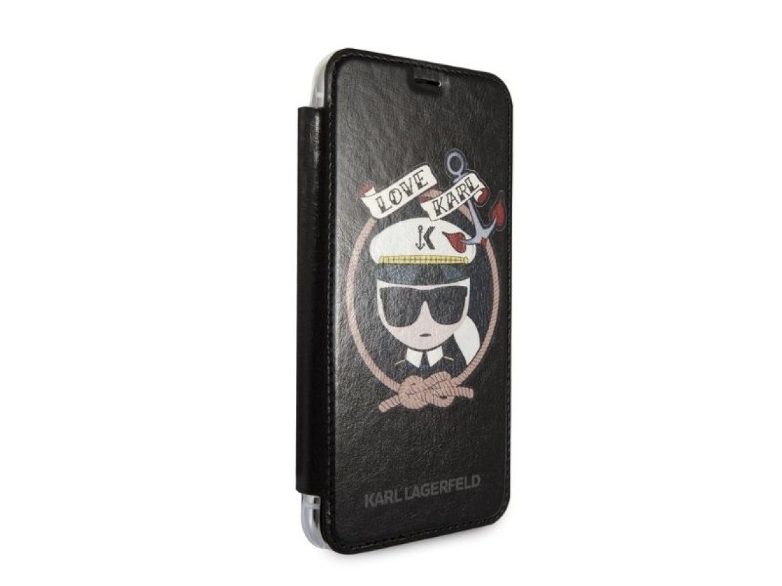 Capa para iPhone X/Xs com Glitter e Assinatura Karl Lagerfeld - Preta