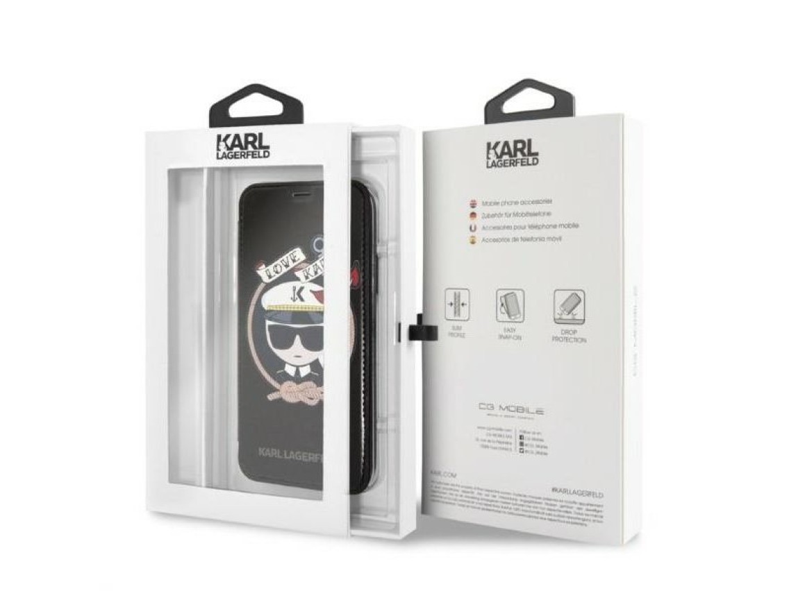 Capa para iPhone X/Xs com Glitter e Assinatura Karl Lagerfeld - Preta