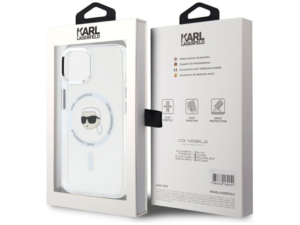 Karl Lagerfeld IML Metal Karl Head MagSafe Case for iPhone 15 Plus White