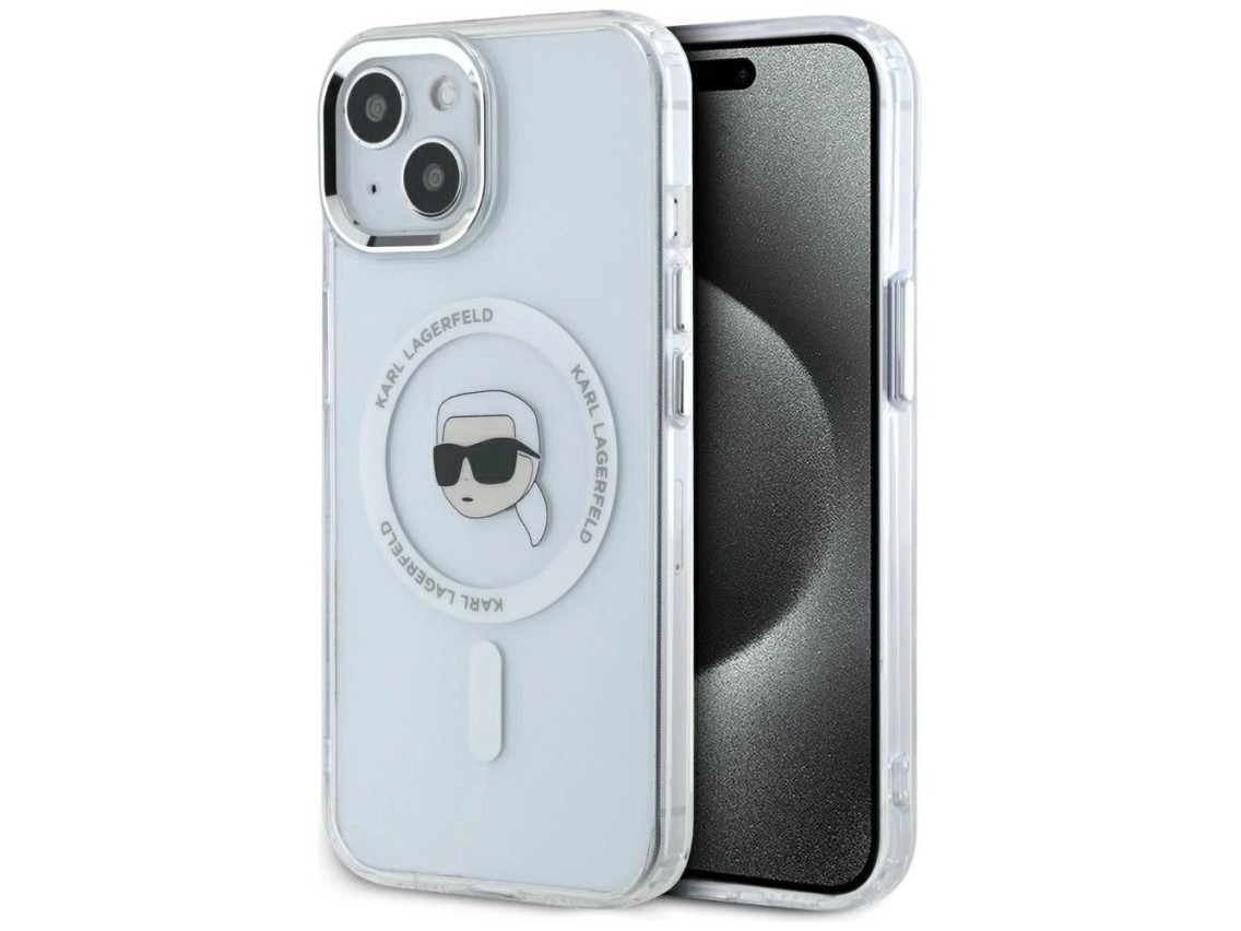 Capa MagSafe Karl Lagerfeld IML Metal Karl Head para iPhone 15 Branca