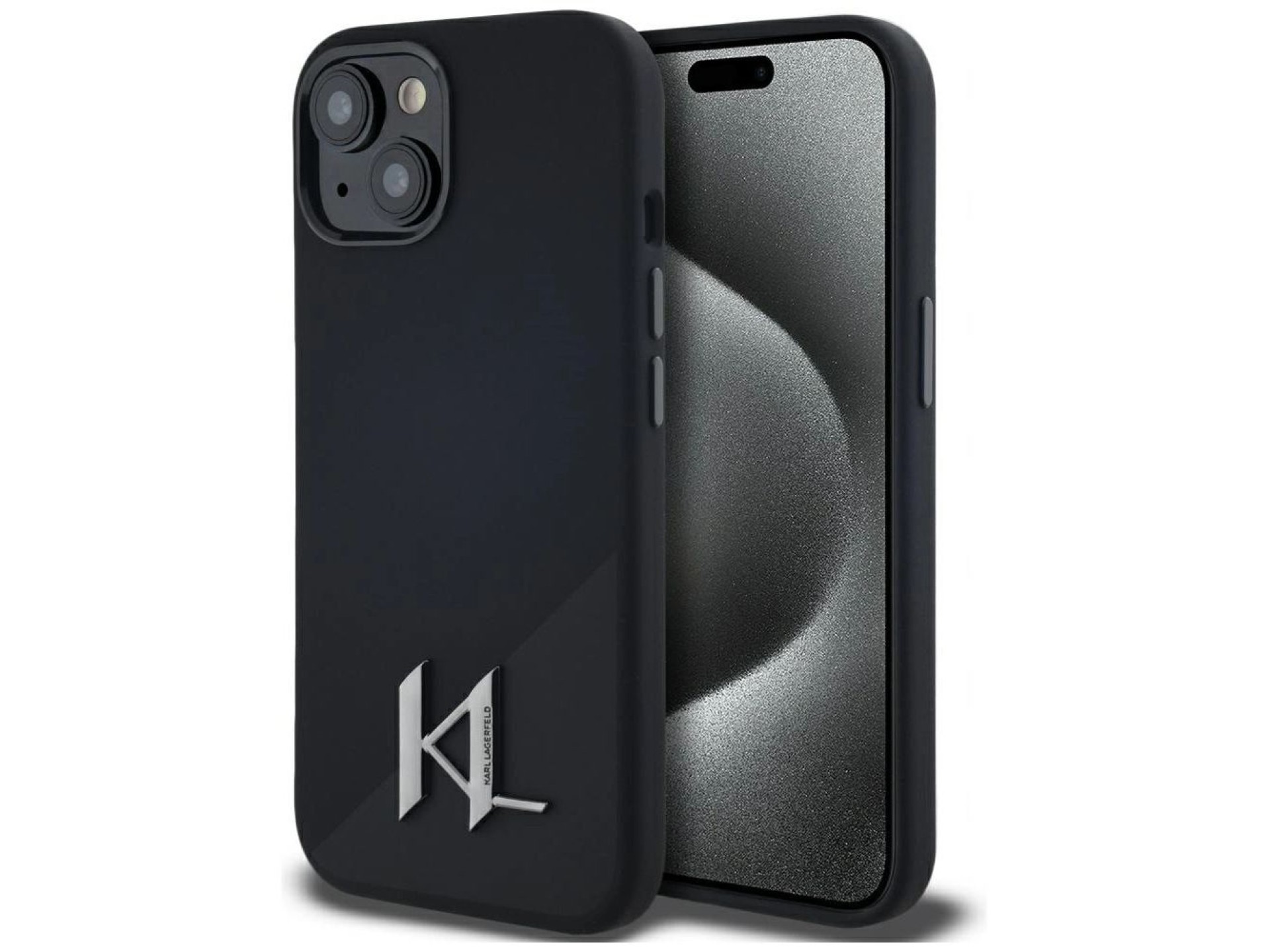 Capa MagSafe Karl Lagerfeld Silicone Shadow Metal Initial para iPhone 15, preta
