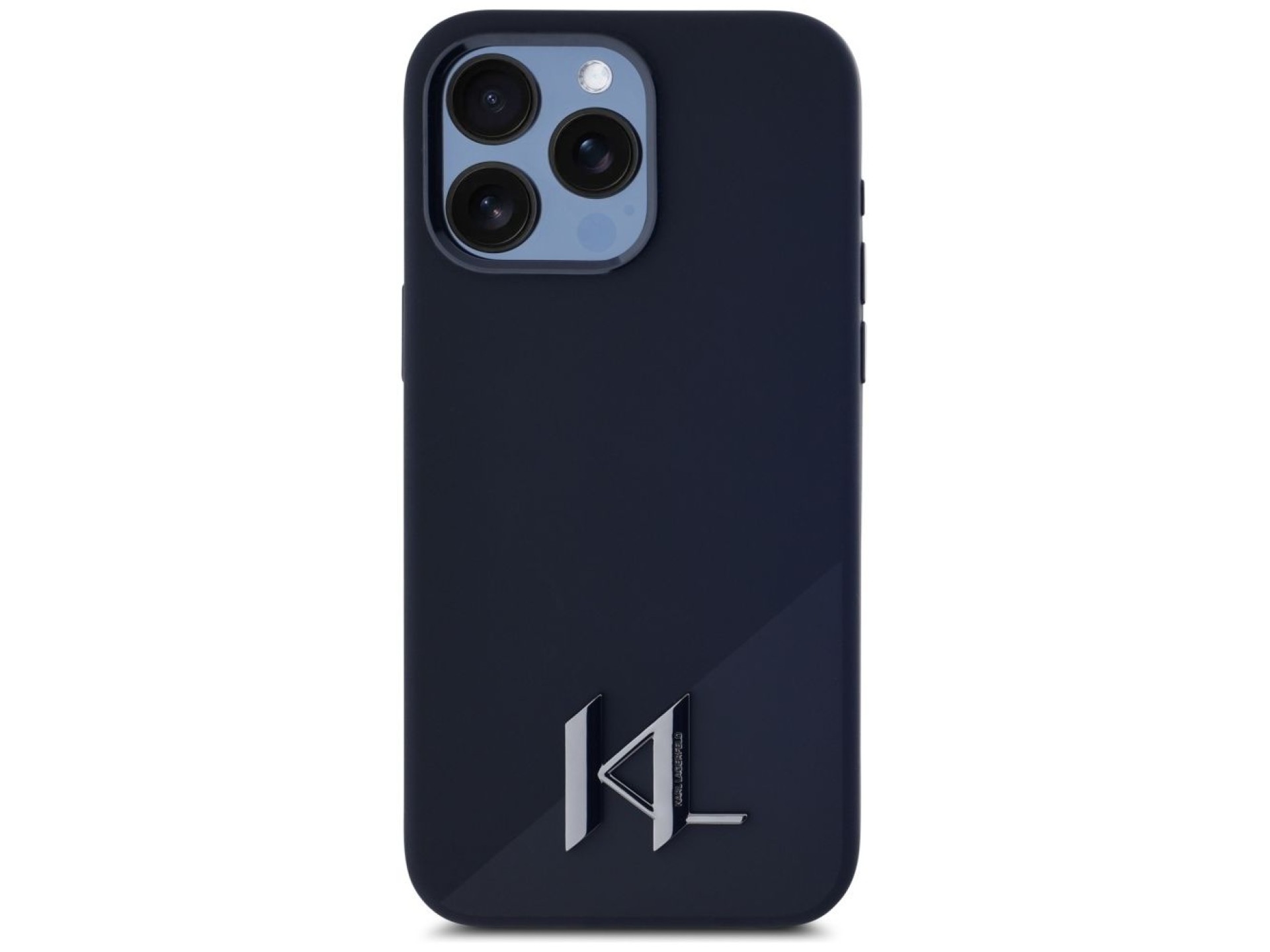 Funda Karl Lagerfeld de silicona Shadow Metal Initial MagSafe para iPhone 15 Pro, color negro.
