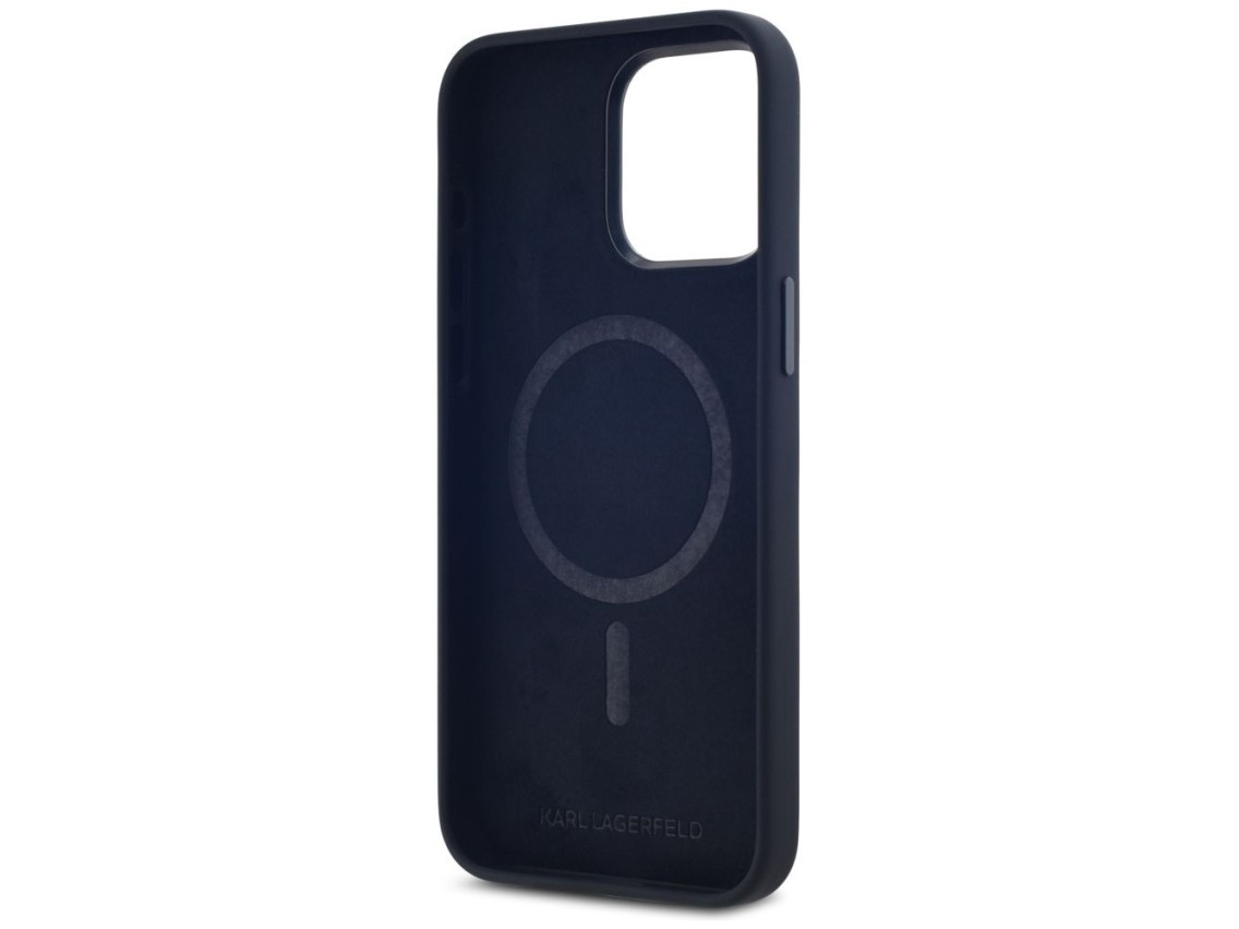 Funda Karl Lagerfeld de silicona Shadow Metal Initial MagSafe para iPhone 15 Pro, color negro.