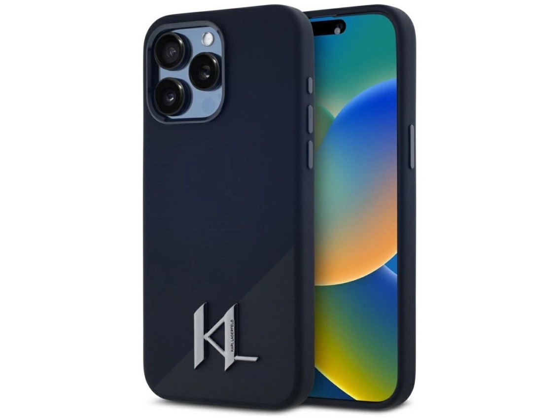 Funda Karl Lagerfeld de silicona Shadow Metal Initial MagSafe para iPhone 15 Pro, color negro.