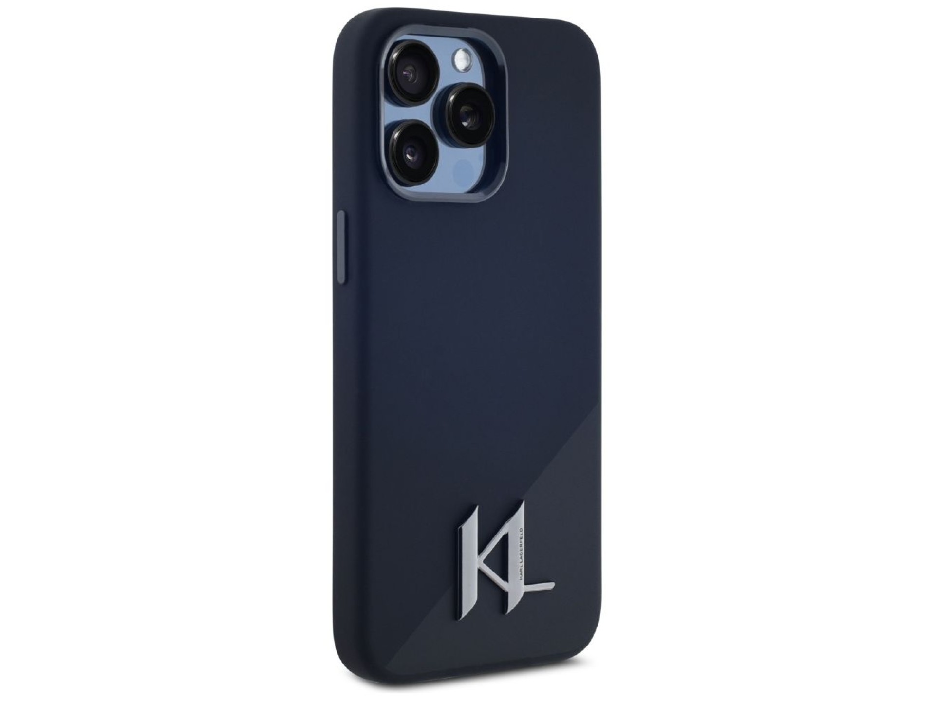 Funda Karl Lagerfeld de silicona Shadow Metal Initial MagSafe para iPhone 15 Pro, color negro.