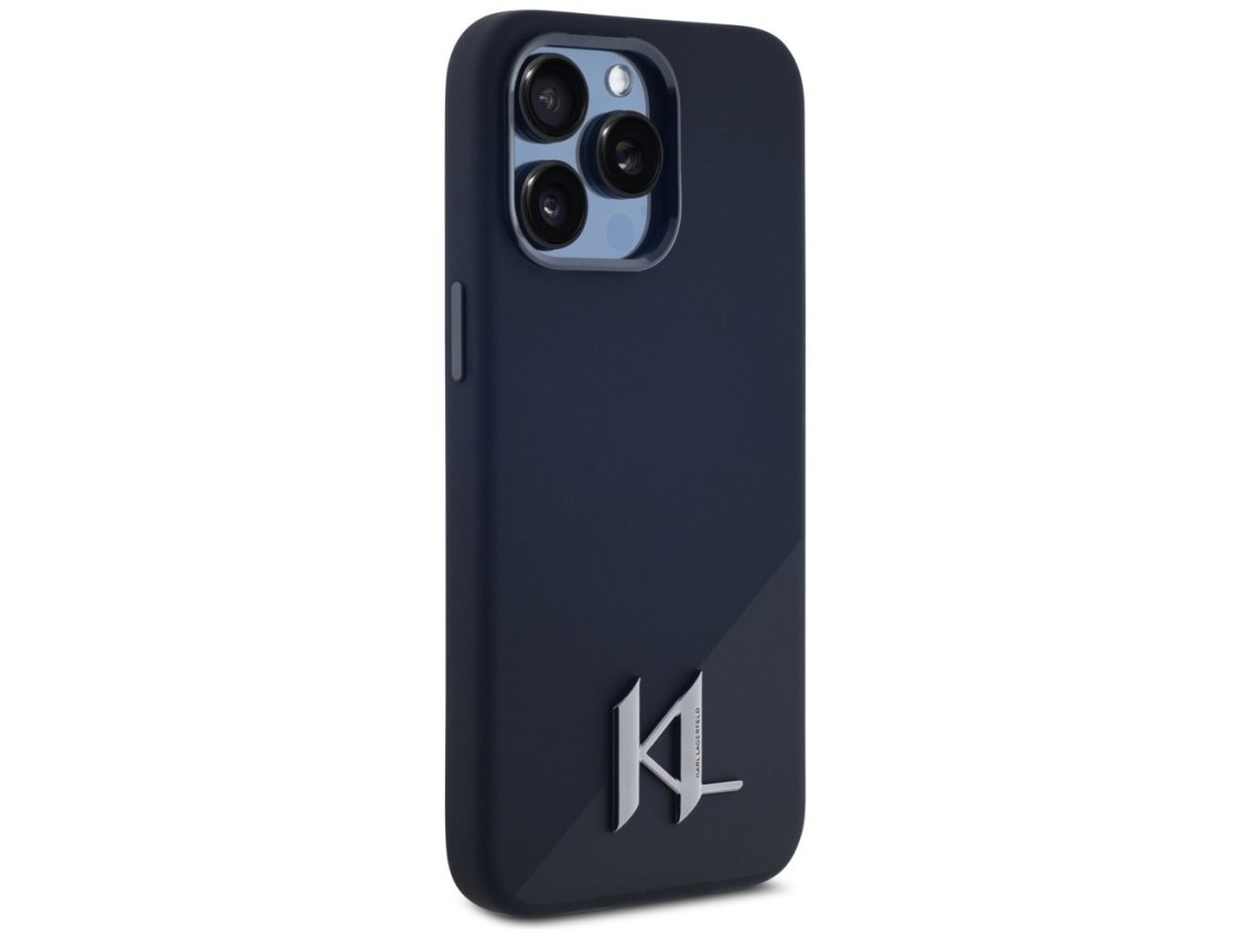 Funda Karl Lagerfeld de silicona Shadow Metal Initial MagSafe para iPhone 15 Pro, color negro.