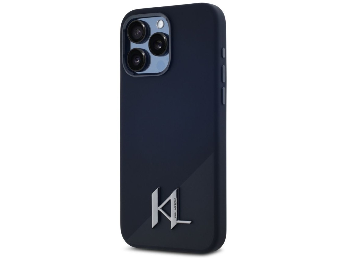 Funda Karl Lagerfeld de silicona Shadow Metal Initial MagSafe para iPhone 15 Pro, color negro.