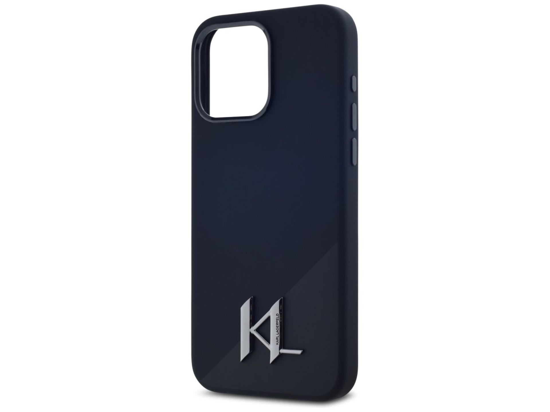 Funda Karl Lagerfeld de silicona Shadow Metal Initial MagSafe para iPhone 15 Pro, color negro.