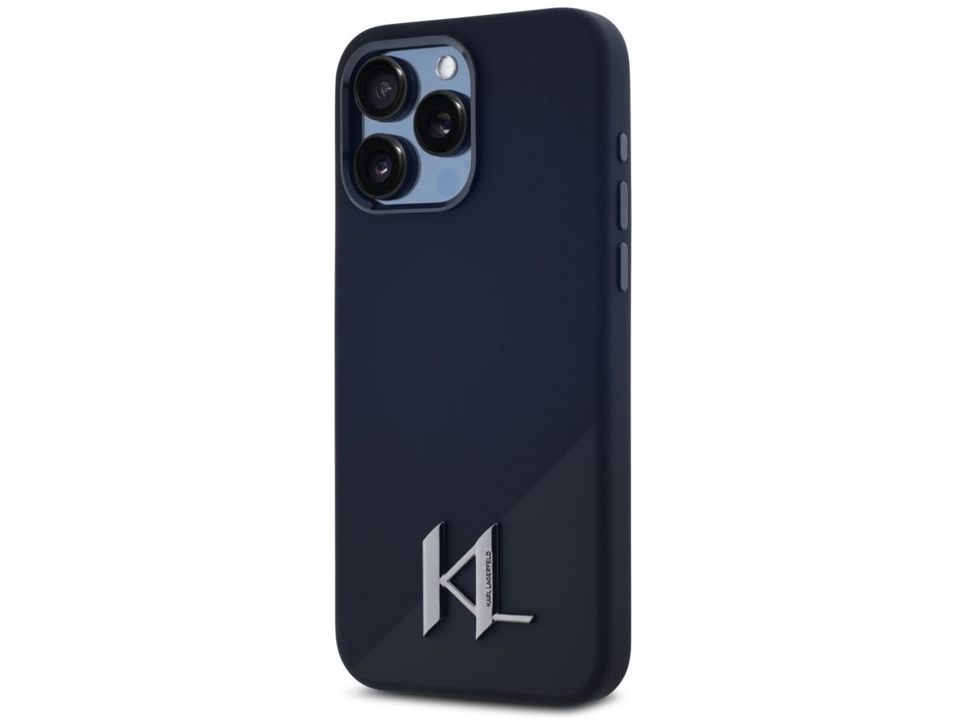 Funda Karl Lagerfeld de silicona Shadow Metal Initial MagSafe para iPhone 15 Pro, color negro.