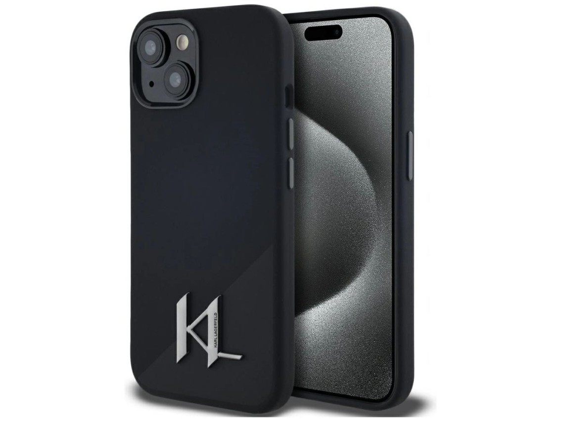 Capa MagSafe Karl Lagerfeld Silicone Shadow Metal Initial para iPhone 15, preta