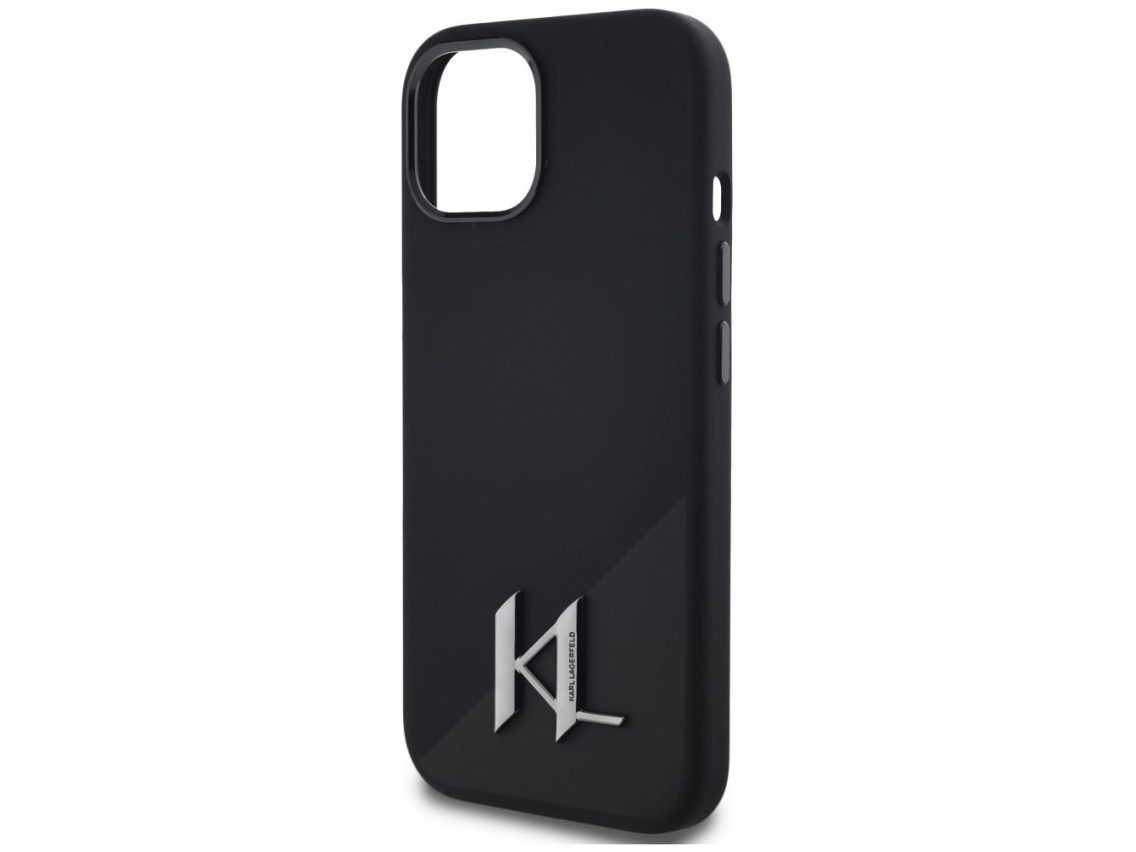 Capa MagSafe Karl Lagerfeld Silicone Shadow Metal Initial para iPhone 15, preta