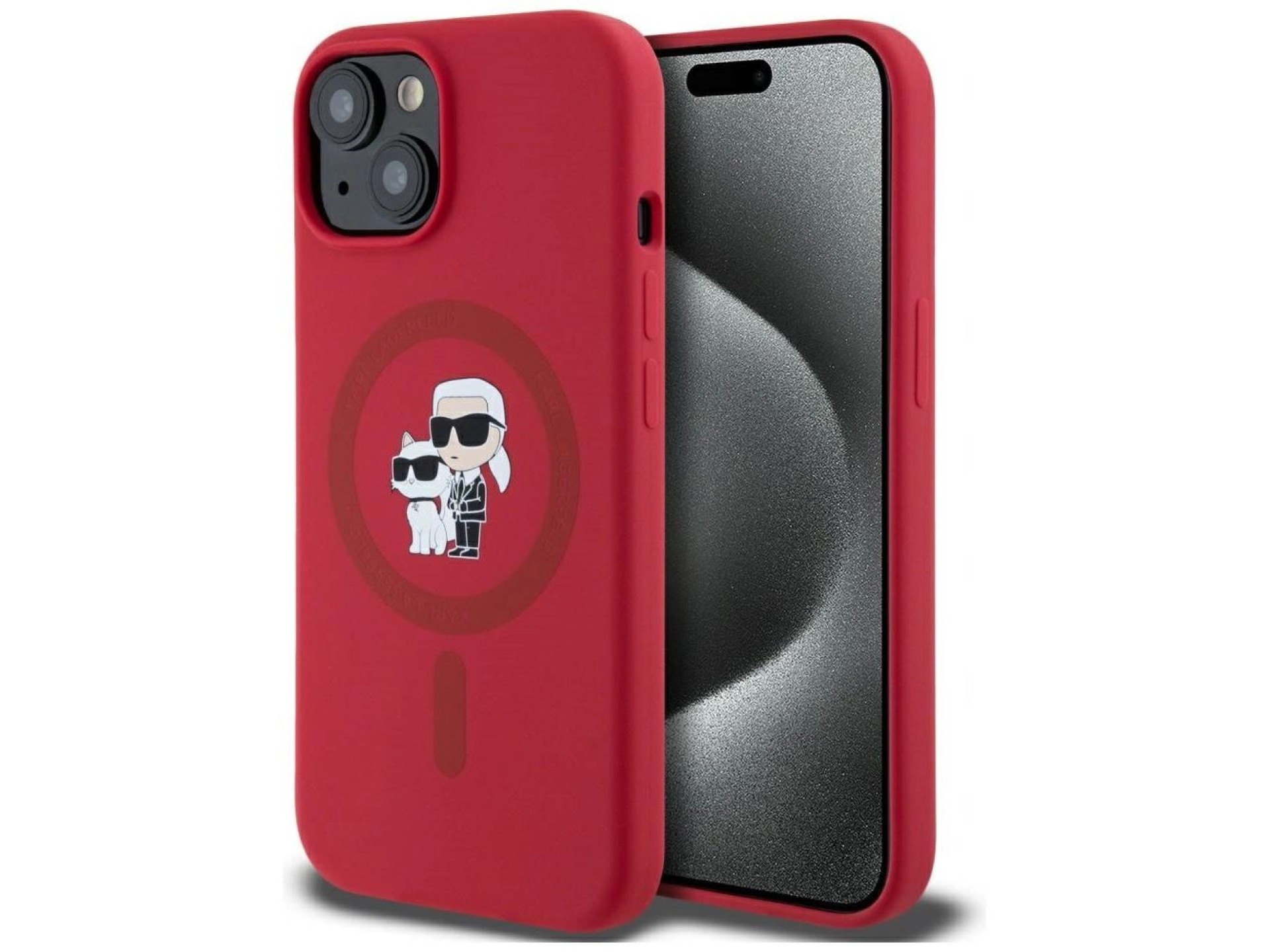 Karl Lagerfeld Silicone Karl&Choupette Heads Ring MagSafe iPhone 15 Case - Red