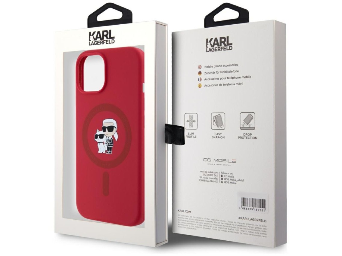 Karl Lagerfeld Silicone Karl&Choupette Heads Ring MagSafe iPhone 15 Case - Red